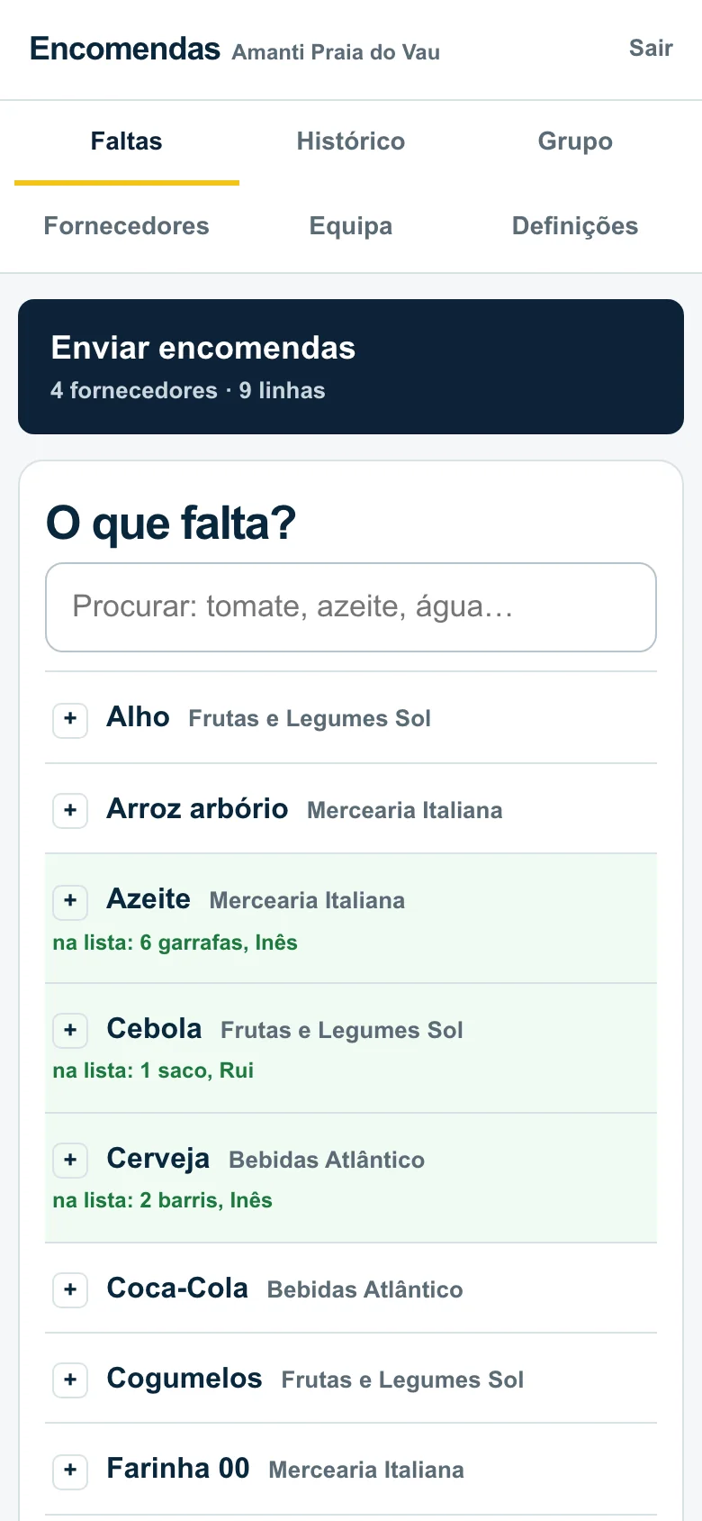 O ecrã das faltas: o botão Enviar encomendas, a procura e os produtos de cada fornecedor, com o que já está na lista e quem o apontou.