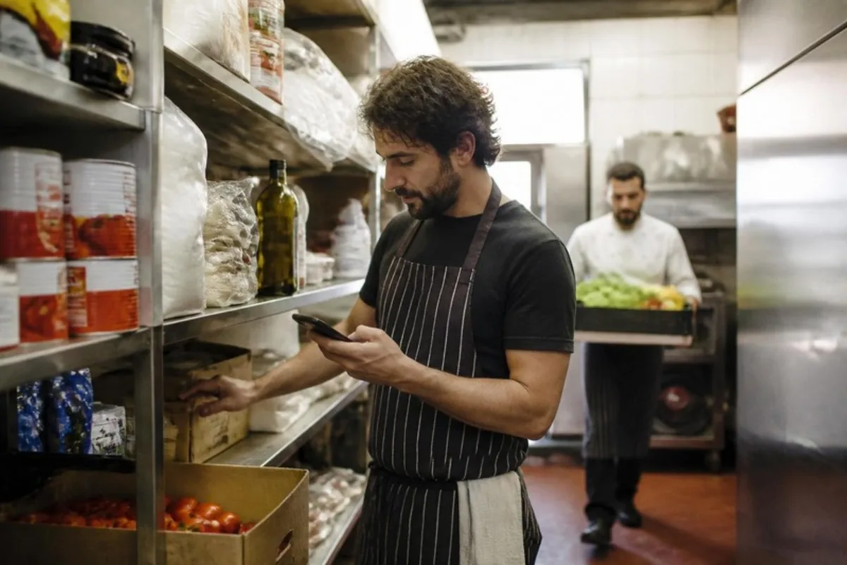 Um cozinheiro na despensa do restaurante aponta no telemóvel o que falta nas prateleiras, enquanto um colega passa com uma caixa de legumes.